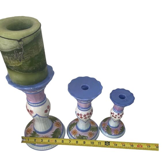 Capriware 3-Piece Pillar Candleholder Set Blue Purple Floral Hand Painted VTG - Picture 11 of 12